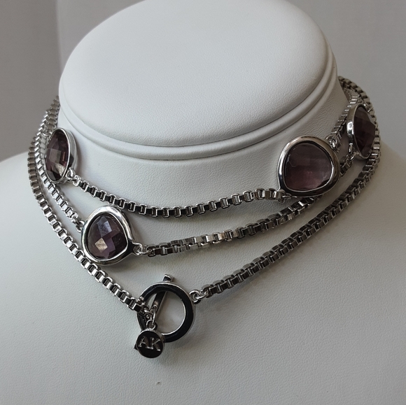ANNE KLEIN Station Faux Amethyst Facet Silver Box Chain Toggle Long Necklace 40" - Picture 2 of 6